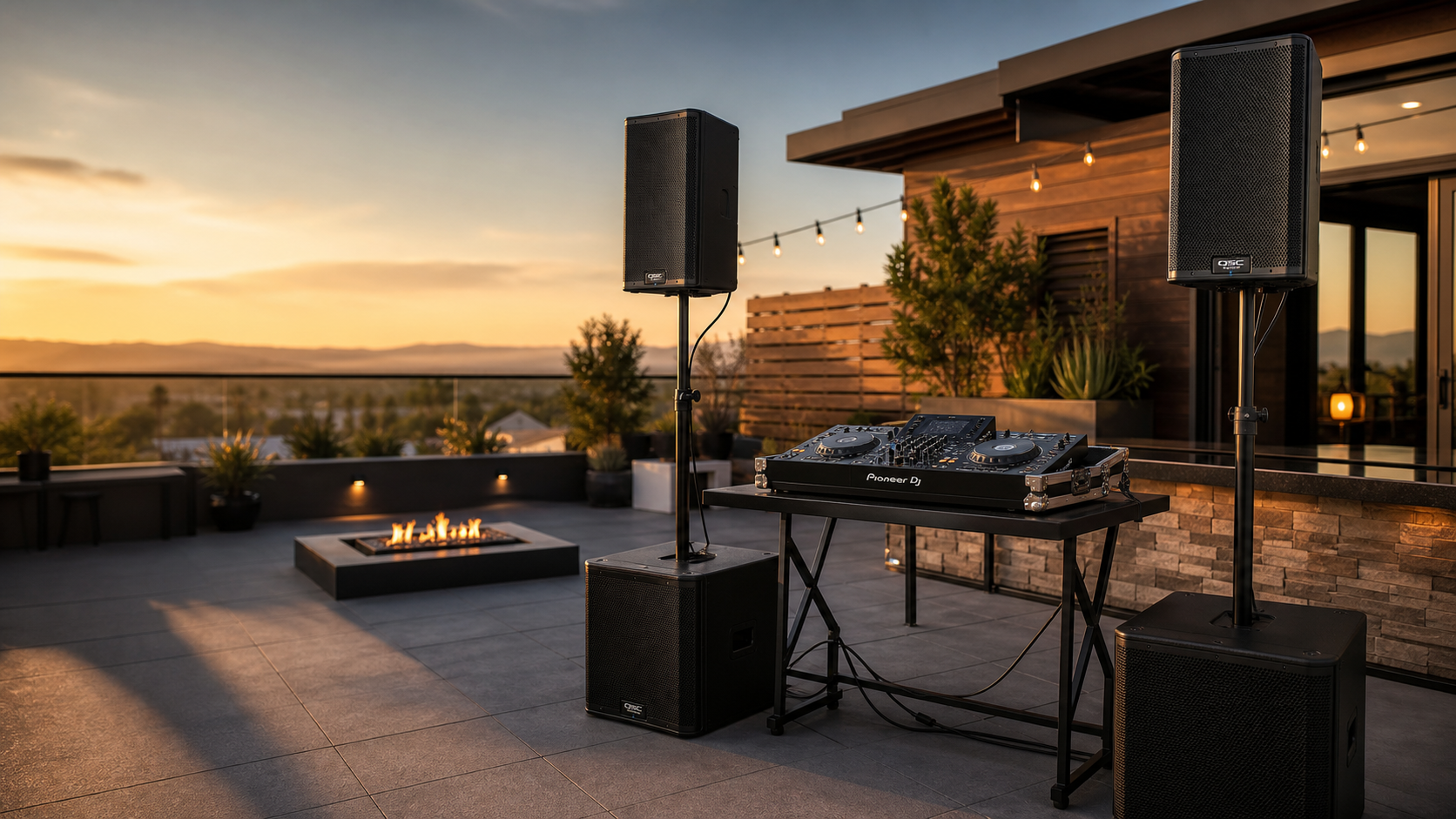 Professional QSC-style speaker and subwoofer rental setup with DJ controller on a modern patio at golden hour