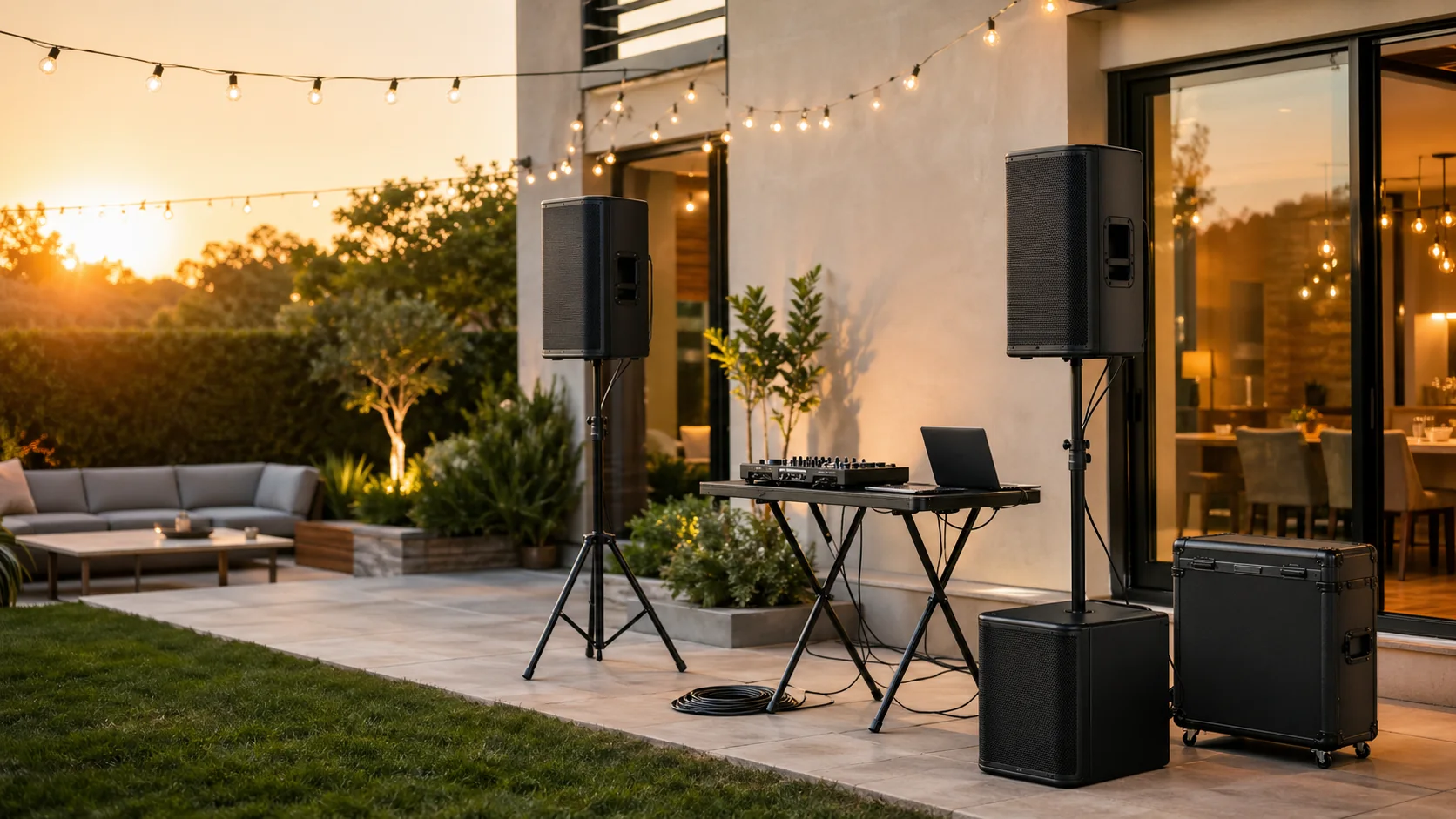 Professional speaker rental setup on a modern patio at golden hour